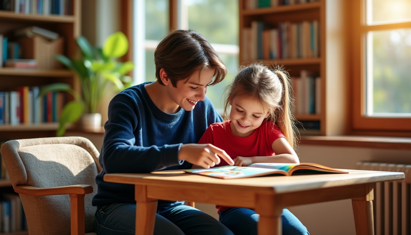 découvrez comment le tutorat entre élèves, où un élève plus âgé aide un plus jeune en lecture, favorise l'apprentissage et le soutien scolaire.